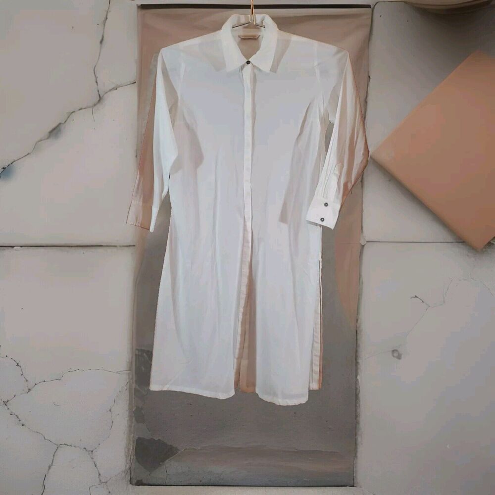 Soft Surroundings L Off-White Cotton Hidden Buttons Long Sleeve Shirt Dress